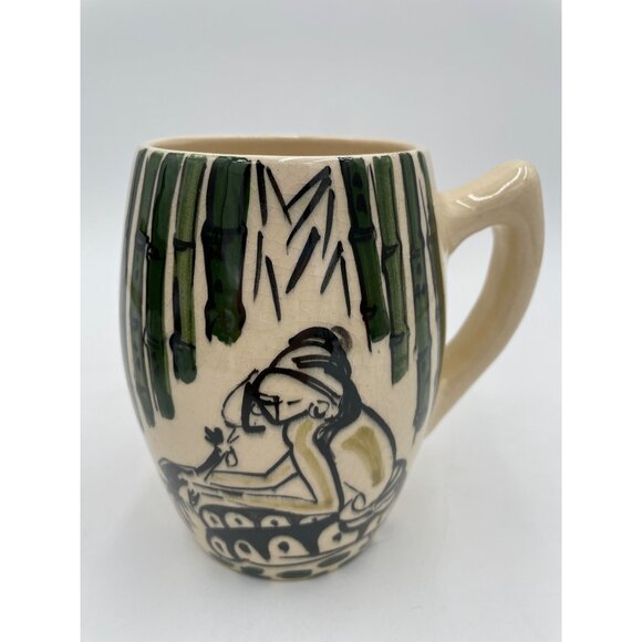 Vintage Hand-Painted Ceramic Mug With Bamboo Design & Woman Illustration 12 Oz - Picture 7 of 8